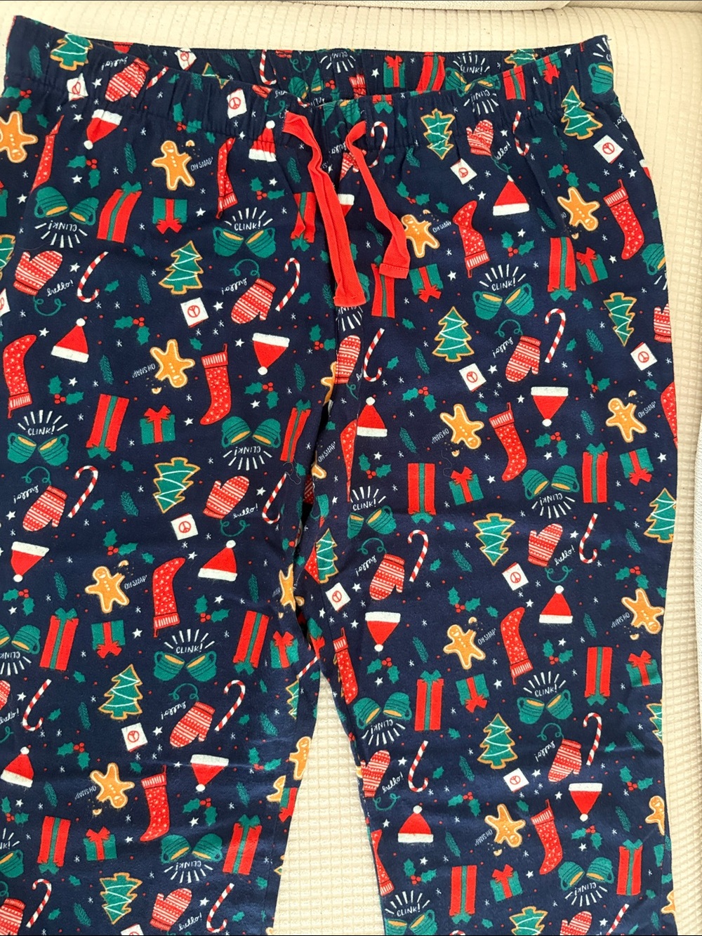 Womans Navy Christmas Pajama Pants with Red Drawstring